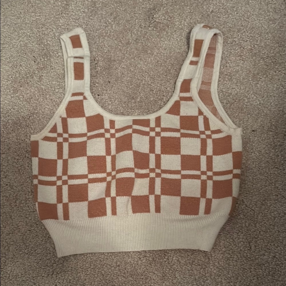 Checkered Knit Crop Top - Cream and Brown
